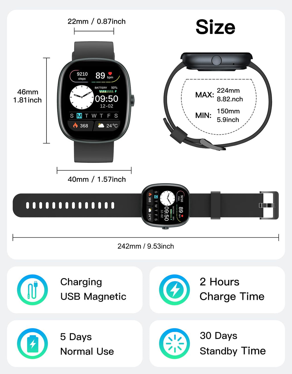 Fitness Tracker with Call Function, 1.85” Fitness Watch for Women and Men, 24/7 Heart Rate & Blood Oxygen Monitor, Sleep Tracker, 100+ Sport Modes, IP68 Waterproof (Black)