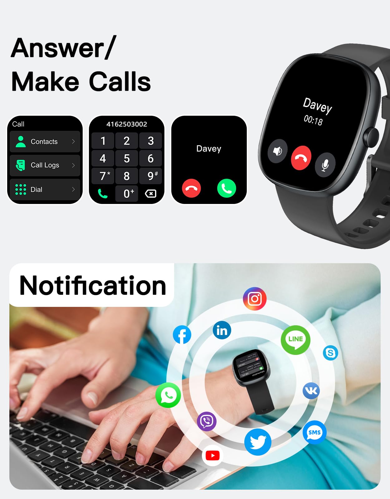 Fitness Tracker with Call Function, 1.85” Fitness Watch for Women and Men, 24/7 Heart Rate & Blood Oxygen Monitor, Sleep Tracker, 100+ Sport Modes, IP68 Waterproof (Black)