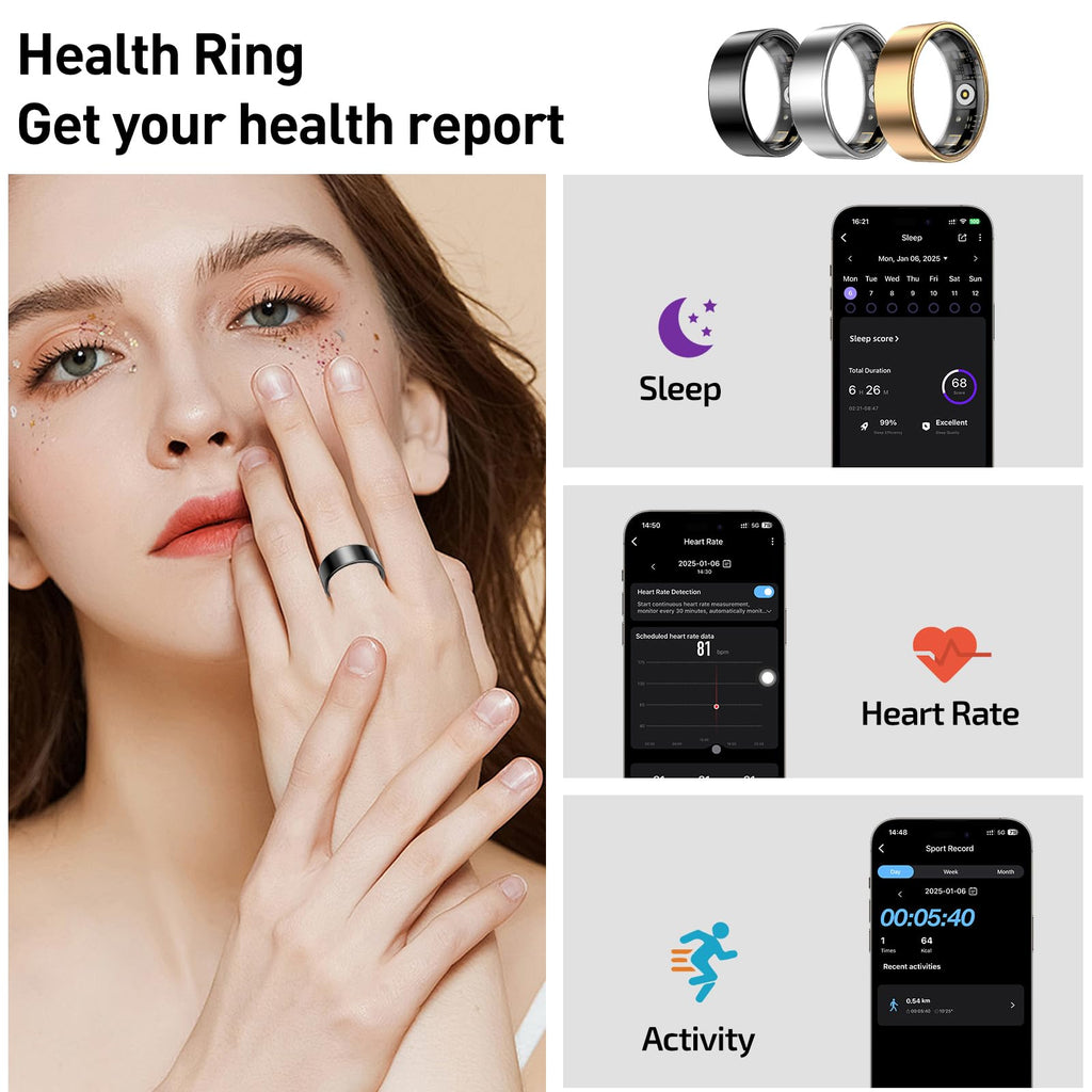 Smart Health Rings for Women Men, Fitness Tracker with Heart Rate, Blood Oxygen, HRV, Sleep Tracker, Step Tracker, No Subscription Fee, IP68 Waterproof Smart Ring for iphone & Android