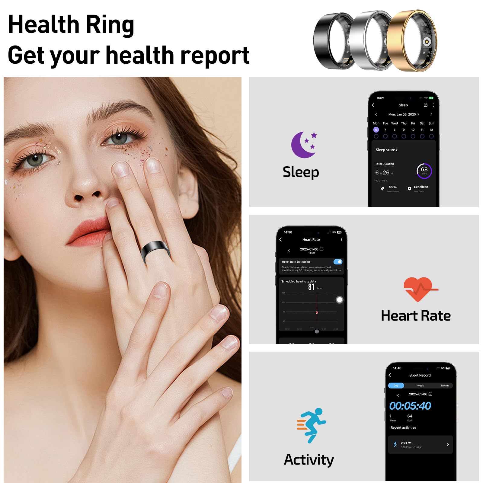 Smart Health Rings for Women Men, Fitness Tracker with Heart Rate, Blood Oxygen, HRV, Sleep Tracker, Step Tracker, No Subscription Fee, IP68 Waterproof Smart Ring for iphone & Android