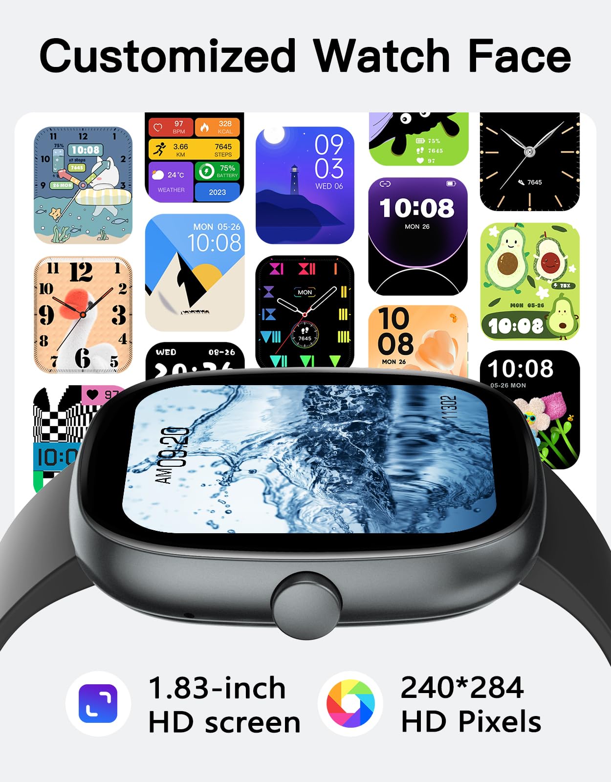 Fitness Tracker with Call Function, 1.85” Fitness Watch for Women and Men, 24/7 Heart Rate & Blood Oxygen Monitor, Sleep Tracker, 100+ Sport Modes, IP68 Waterproof (Black)