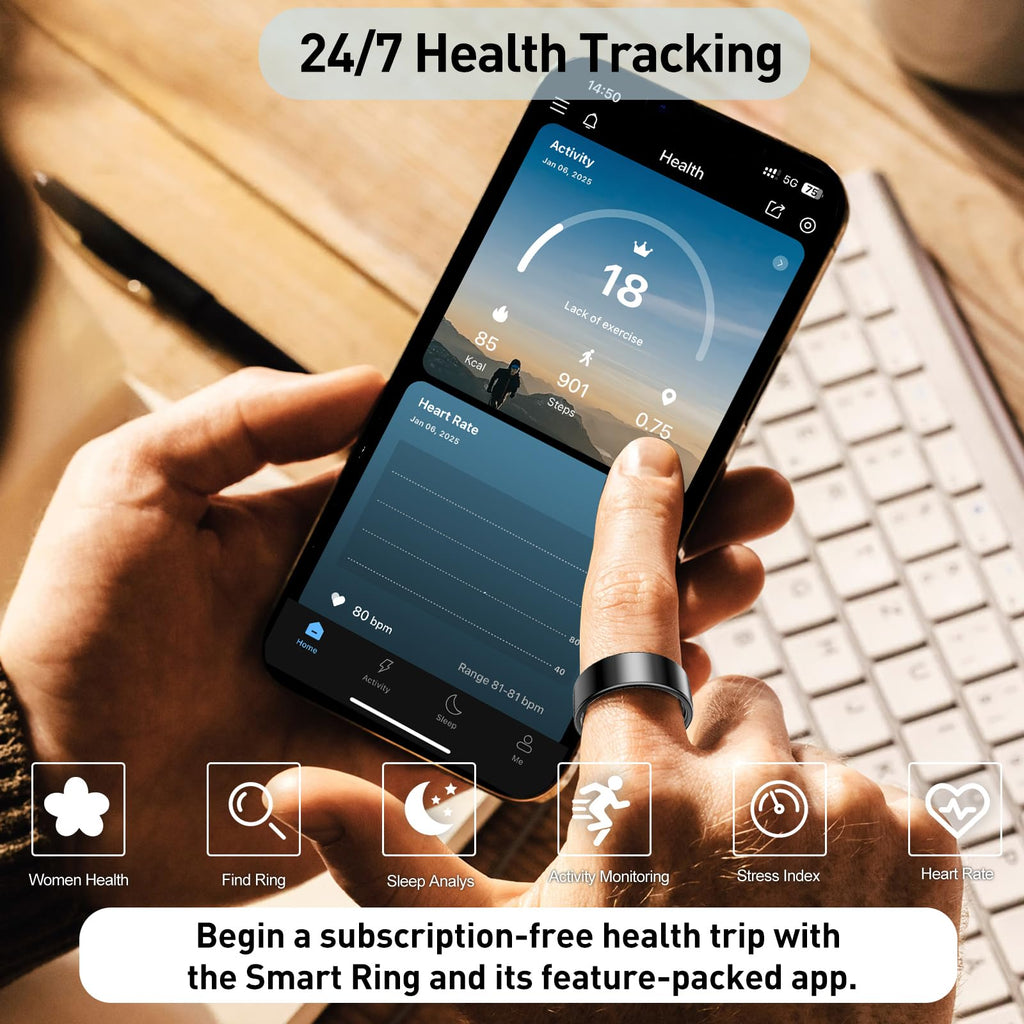 Smart Health Rings for Women Men, Fitness Tracker with Heart Rate, Blood Oxygen, HRV, Sleep Tracker, Step Tracker, No Subscription Fee, IP68 Waterproof Smart Ring for iphone & Android