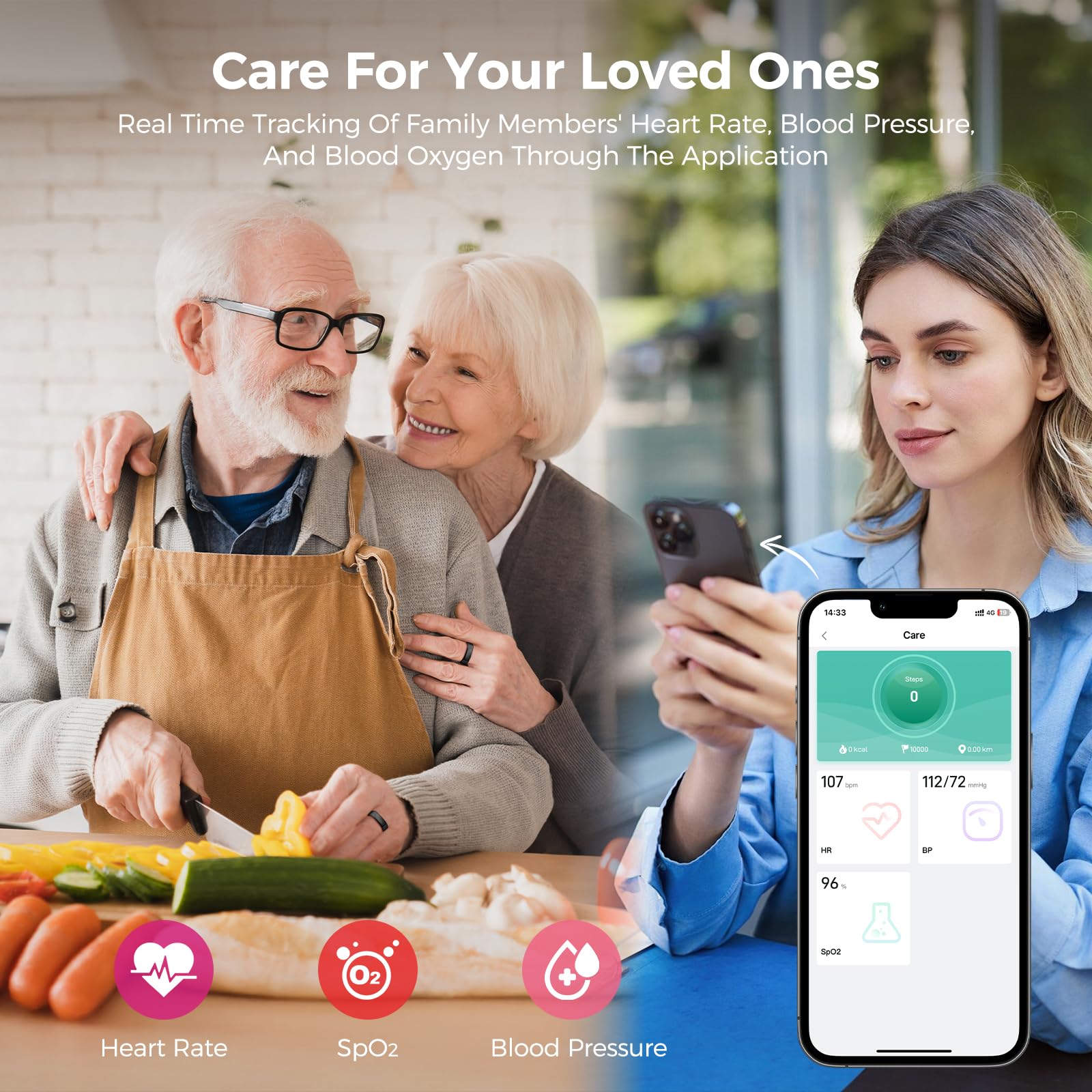 Smart Ring for Women & Men, Health Tracker Ring with Heart Rate, Blood Oxygen,Blood Pressure, IP68 Waterproof Fitness Ring, Sleep Tracker for iPhone and Android, No APP Fee