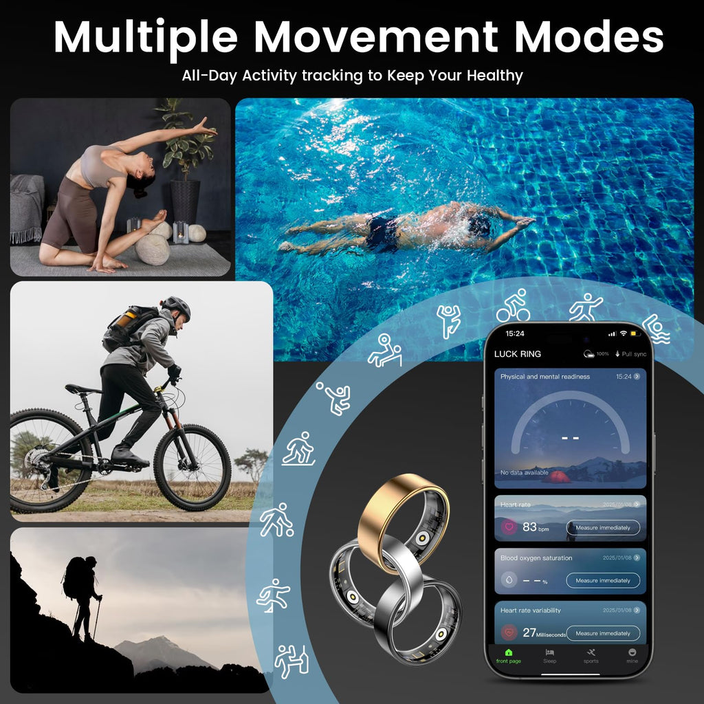 Smart Health Rings for Women Men, Fitness Tracker with Heart Rate, Blood Oxygen, HRV, Sleep Tracker, Step Tracker, No Subscription Fee, IP68 Waterproof Smart Ring for iphone & Android